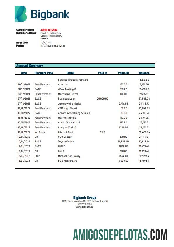 em branco Estônia Bigbank modelo de extrato bancário, formato Word e PDF